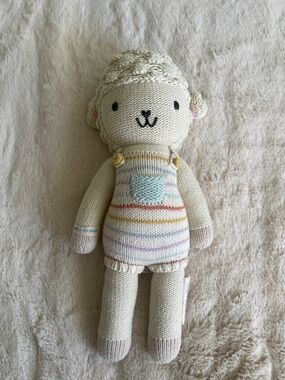 Hand-Knit Cream Avery the Lamb 13” Doll with Pastel Striped Overalls